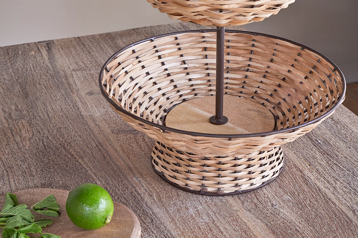 Montali Rattan 2 Tier Fruit Stand - Black & Natural-nkuku