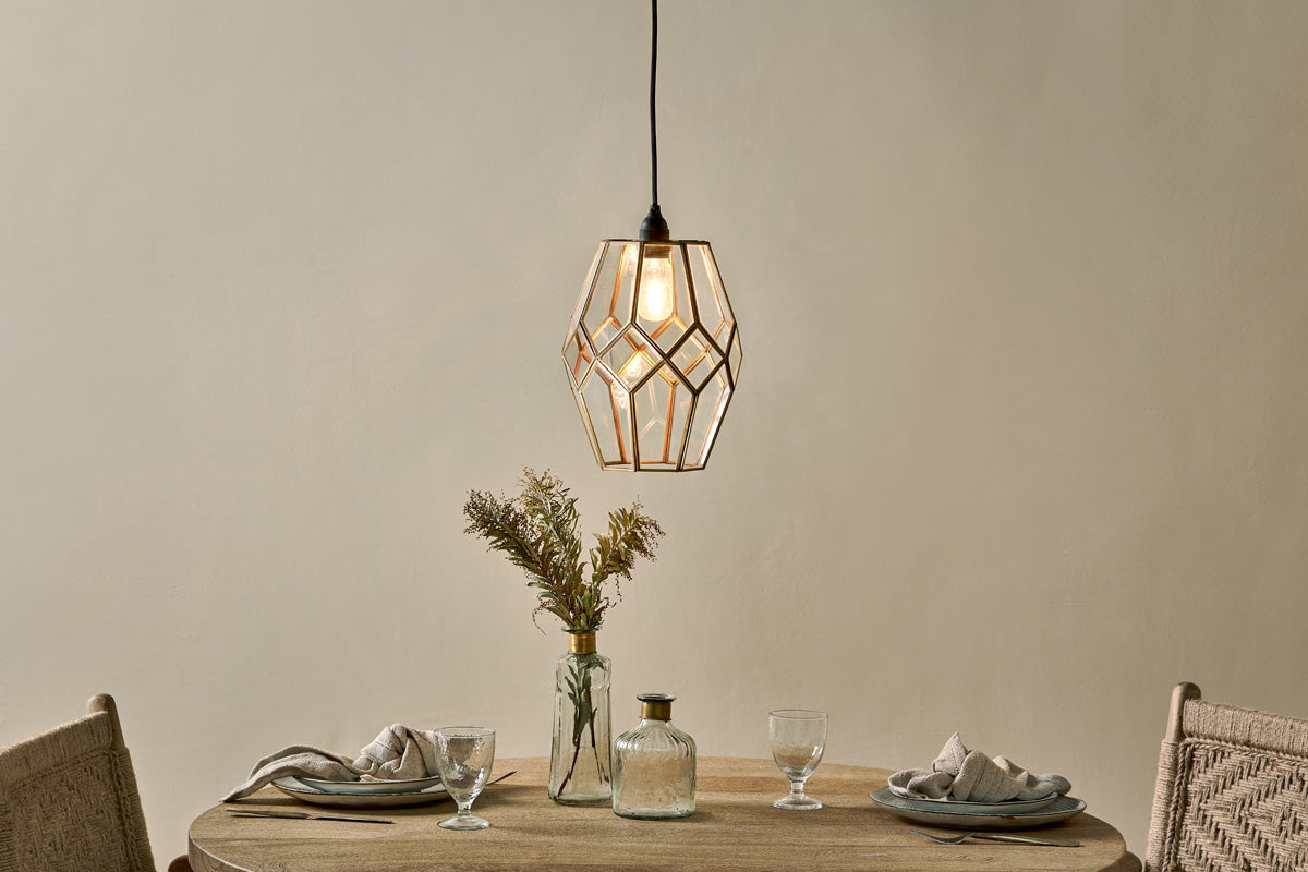 Nazat Panelled Glass Easy Fit LampShade - Clear & Antique Brass