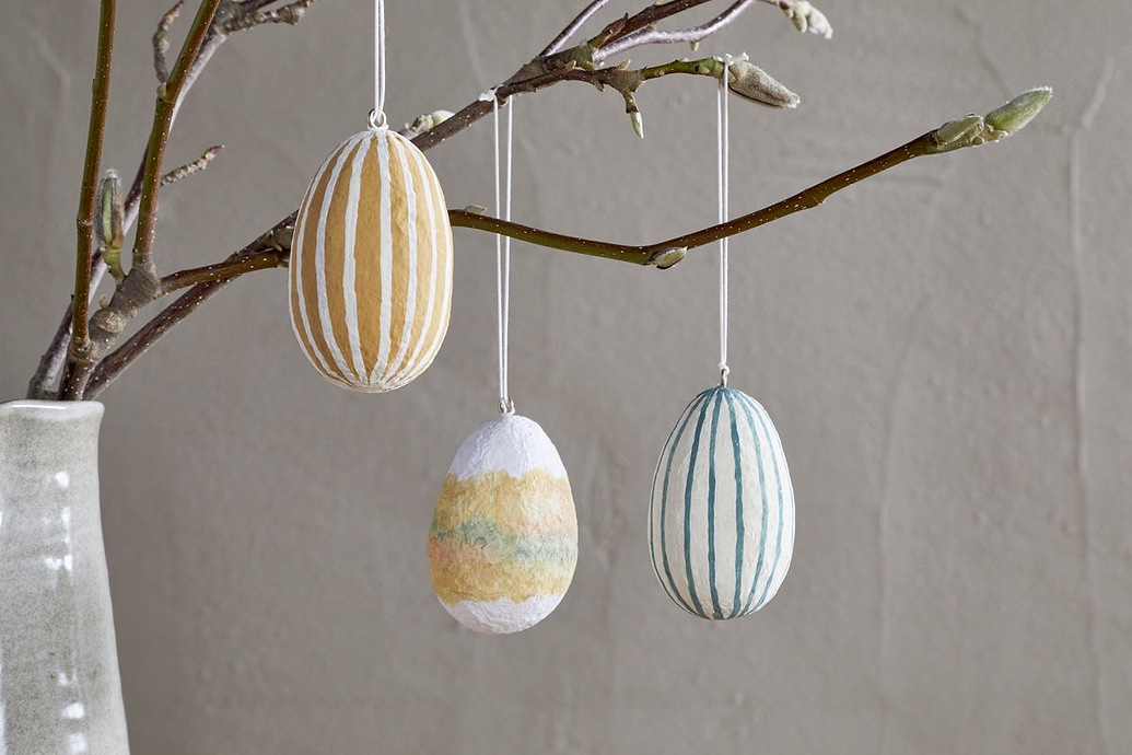 Terra Hand Painted Recycled Cotton Paper Hanging Egg - Teal, Cream & Ochre - Set of 3