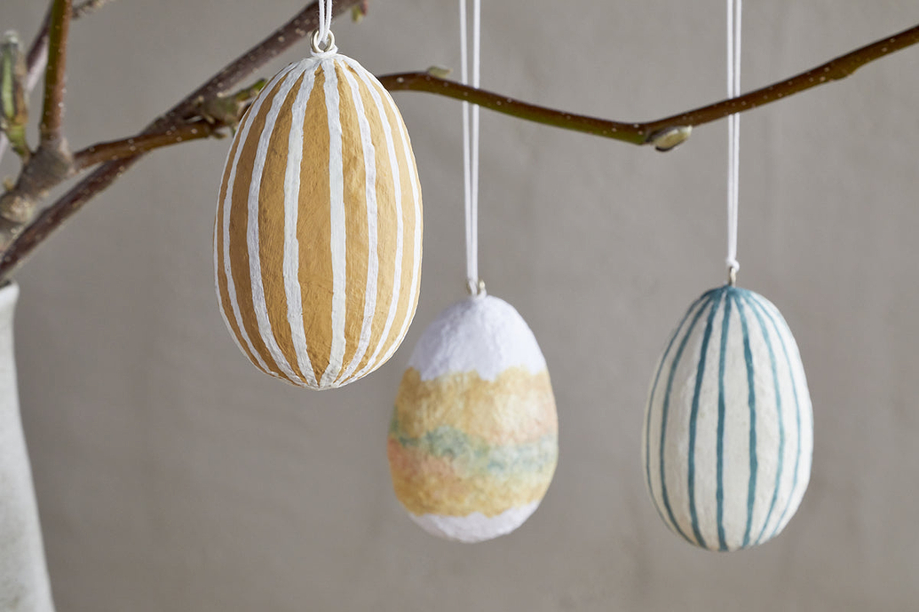 Terra Hand Painted Recycled Cotton Paper Hanging Egg - Teal, Cream & Ochre - Set of 3