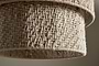 Close-up of the nkuku Thimba Woven Jute Chandelier in Natural, featuring a textured jute shade with intersecting fibers. The rustic weave allows gentle light to filter through, highlighting its organic charm.