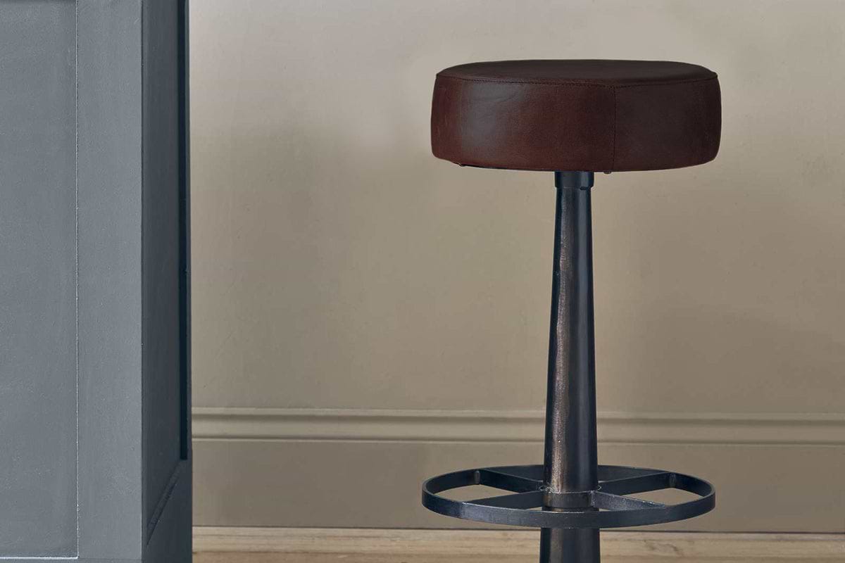 Narwana Leather Round Stool - Dark Brown