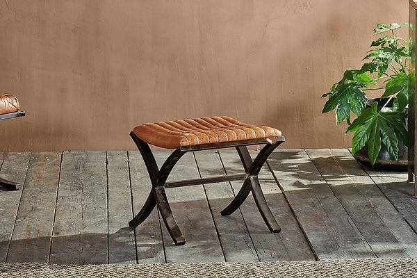 Narwana Ribbed Leather Footstool - Aged Tan- nkuku