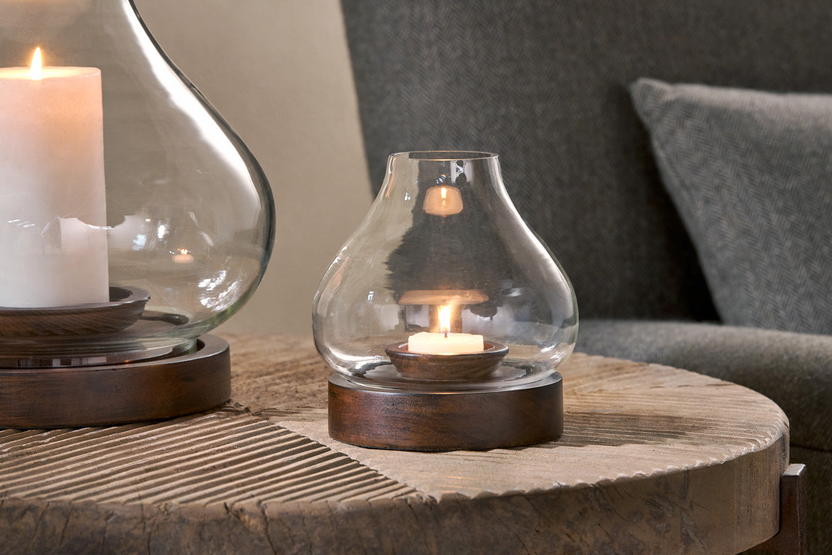 Naryla Mango Wood Lantern - Dark Stain & Clear-nkuku