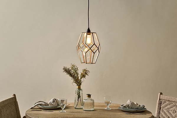 Nazat Panelled Glass Easy Fit LampShade - Clear & Antique Brass-nkuku