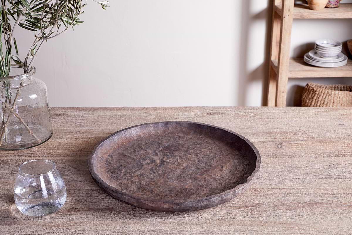 Nyati Mango Wood Etched Round Tray - Dark-nkuku