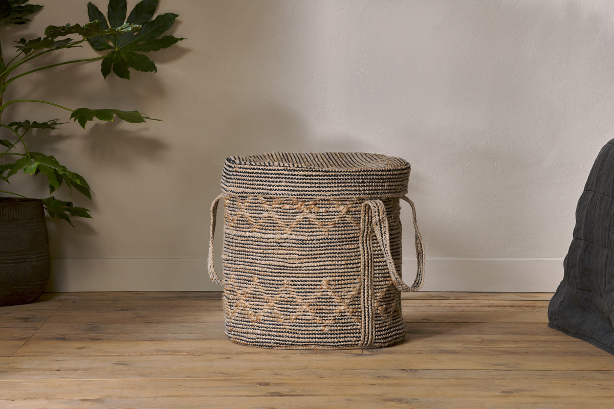 Padla Cotton & Jute Laundry Basket - Black & Natural