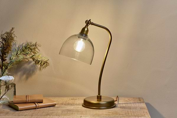 Purnia Glass & Metal Desk Lamp - Clear & Antique Brass-nkuku