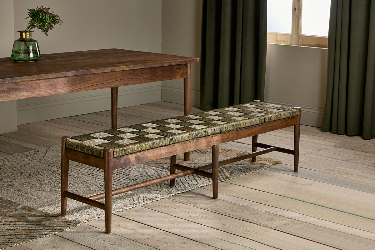 Raunak Acacia Woven Bench - Washed Walnut - Small-nkuku