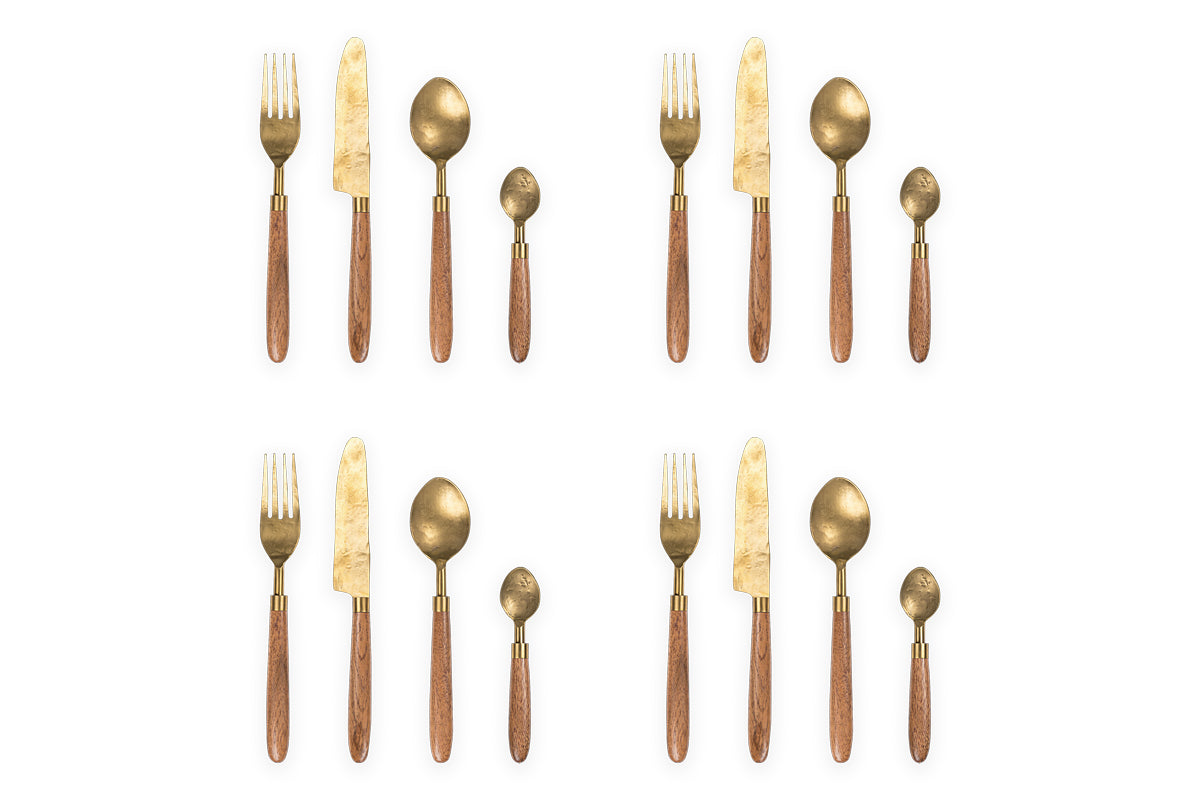 Soni Cutlery Set - Gold & Acacia (Set of 16)