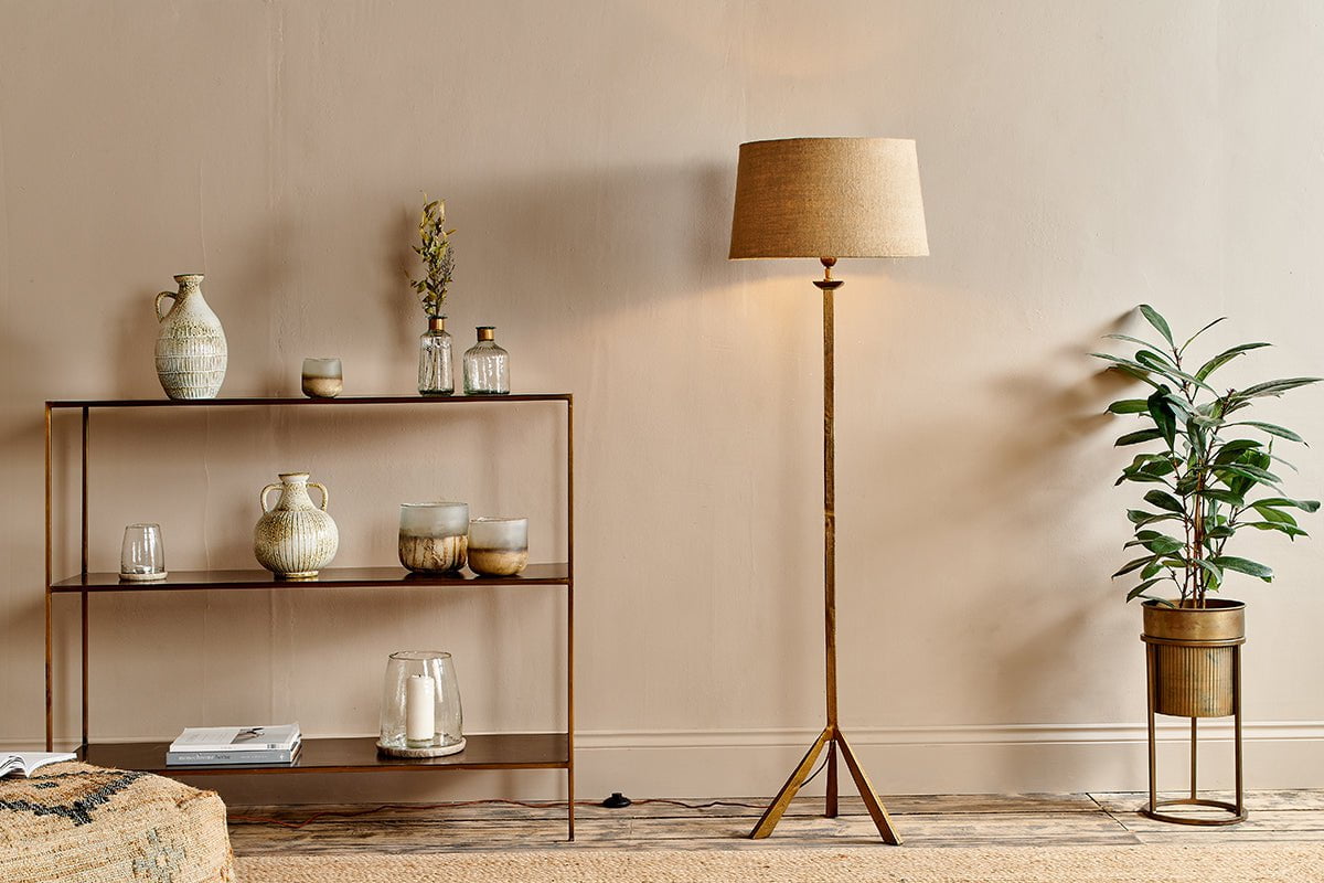 Sahhil Metal Tripod Floor Lamp - Antique Brass-nkuku