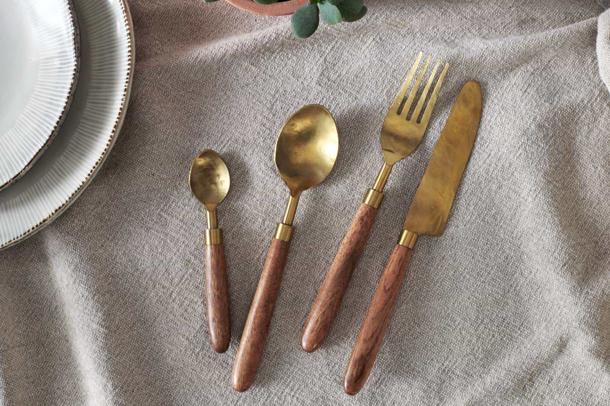 Soni Cutlery Set - Gold & Acacia (Set of 16)-nkuku