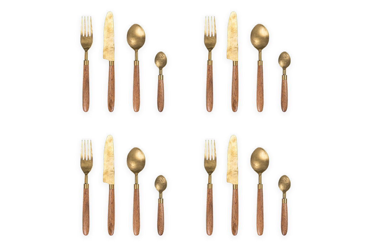 Soni Cutlery Set - Gold & Acacia (Set of 16)-nkuku