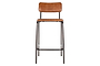 The Ukari Counter Chair - Aged Tan by nkuku features a brown leather padded seat and backrest, set on a black metal frame with four straight legs and a simple footrest. Its minimalist, modern design adds style to any space.