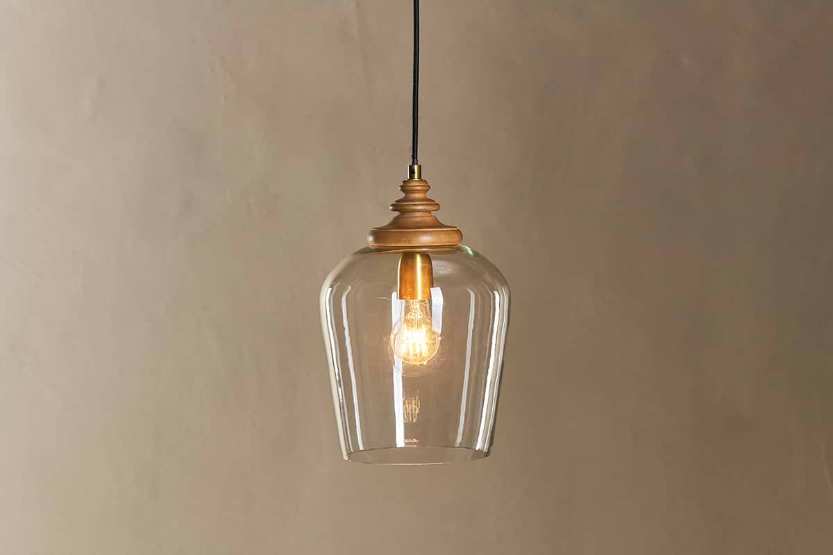 Varuna Mango Wood & Glass Pendant Lamp - Natural & Clear