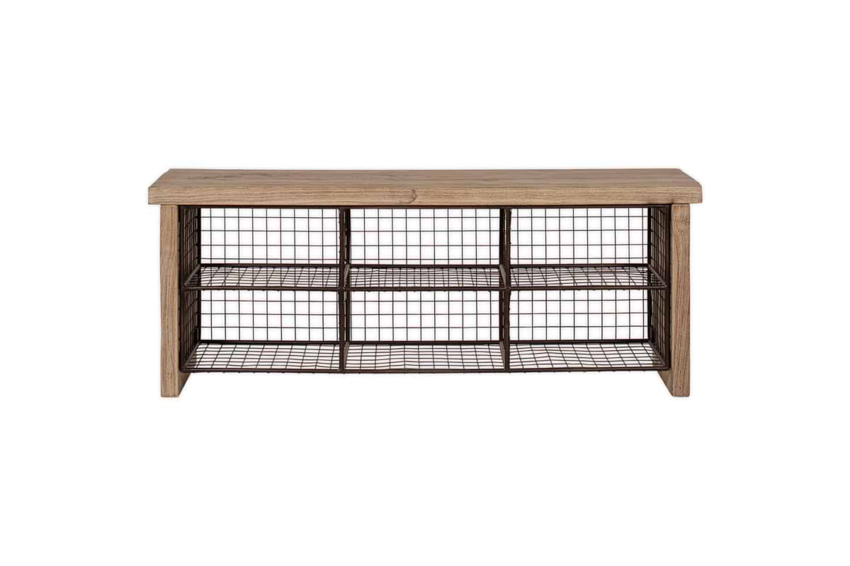 The nkuku Abha Reclaimed Wood & Iron Storage Bench - Natural features a rectangular wood top and six open iron cubbies in two rows, making it a stylish and practical shoe storage solution against a plain white background.