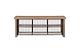 The nkuku Abha Reclaimed Wood & Iron Storage Bench - Natural features a rectangular wood top and six open iron cubbies in two rows, making it a stylish and practical shoe storage solution against a plain white background.