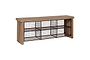 The nkuku Abha Reclaimed Wood & Iron Storage Bench - Natural features a rectangular seat and six open metal wire cubbies, making it a perfect entryway organizer.