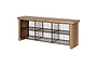 The Abha Reclaimed Wood & Iron Storage Bench by nkuku features a rectangular wooden seat with sides and two rows of metal wire cubbies underneath, making it the perfect entryway organizer, shown against a white background.