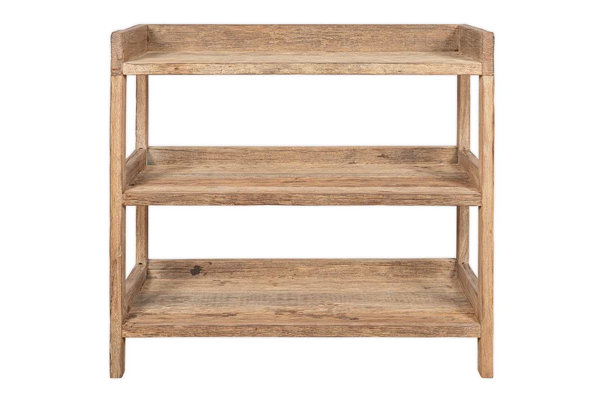 The nkuku Ibo Reclaimed Wood Pantry Standing Shelves - Natural features a three-tier open-frame design with a rustic finish, perfect as kitchen console shelving, shown from the front against a white background.