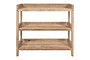 The nkuku Ibo Reclaimed Wood Pantry Standing Shelves - Natural features a three-tier open-frame design with a rustic finish, perfect as kitchen console shelving, shown from the front against a white background.