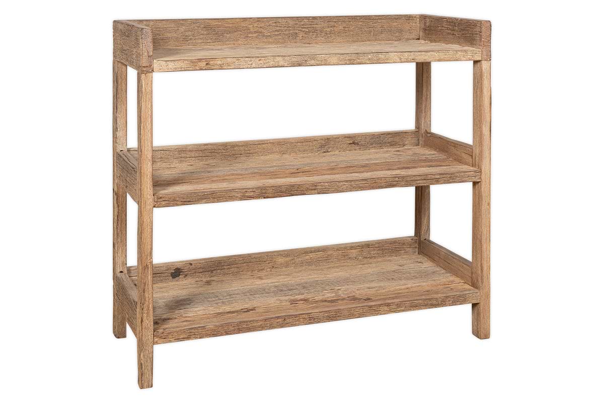The nkuku Ibo Reclaimed Wood Pantry Standing Shelves - Natural features three open tiers and an open back and sides, with a rustic wood finish for a warm, natural look.