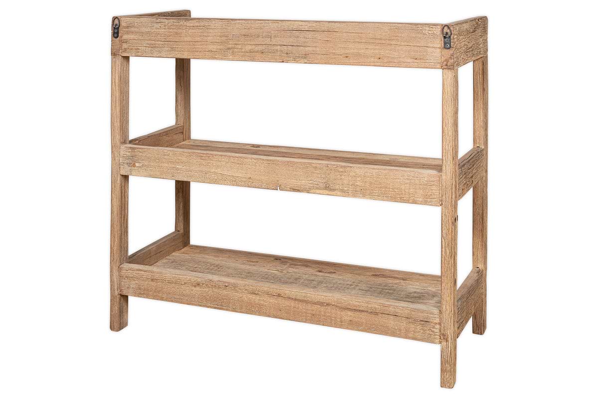 The Ibo Reclaimed Wood Pantry Standing Shelves by nkuku features two open shelves in natural reclaimed wood with a rustic texture and sturdy metal brackets for added support, perfect for stylish, practical storage.