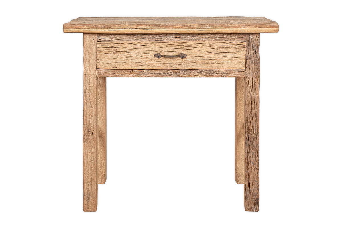 The nkuku Ibo Reclaimed Wood 1 Drawer Console Table – Natural features a simple metal handle and visible wood grain, adding rustic charm to any entryway.