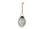 The Andai Hanging Egg Decoration by nkuku features an oval, mottled gray-green stone with an ornate dark metal cap and braided natural fiber cord. Sold as a set of 4 in antique teal, shown here against a plain white background.