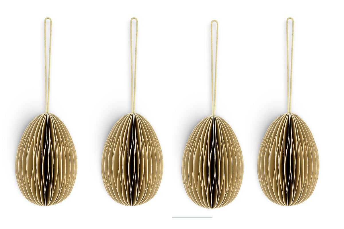 The nkuku Piani Hanging Paper Decoration set includes four identical moss green, oval-shaped ornaments with a honeycomb design and gold hanging loops, made from recycled paper.