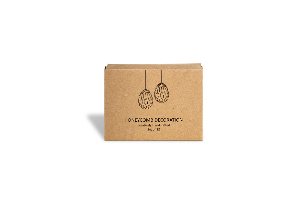 A small brown nkuku box with black line drawings of two hanging decorations. Text below reads: Piani Mini Hanging Paper Decoration - Natural & Moss - Set of 12. The box is centered on a white background.