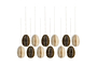 The nkuku Piani Mini Hanging Paper Decoration - Natural & Moss - Set of 12 features twelve oval paper eggs with vertical white and dark brown stripes, arranged in three rows of four for a minimalist, geometric display.