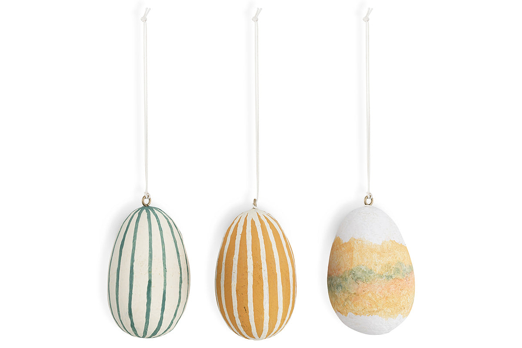 Terra Hand Painted Recycled Cotton Paper Hanging Egg - Teal, Cream & Ochre - Set of 3