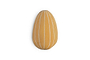 The nkuku Surya Recycled Cotton Paper Side Opening Egg in ochre and cream features an elongated, oval shape with thin white vertical stripes—ideal for seasonal gifting or a unique Easter table accent—shown against a plain white background.