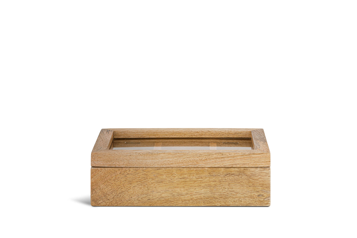 The Kabani Mango Wood Jewellery Box - Natural by nkuku features a smooth finish, glass lid, and light brown mango wood that showcases the natural grain, creating an elegant organiser set against a plain white background.