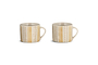 The nkuku Patthar Mug - Cream & Sand - Small (Set of 2) features two hand-painted stoneware mugs with tan stripes and dotted lines, large handles, and a glossy finish, displayed side by side on a white background.