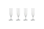 The Pani Champagne Flute - Clear (Set of 4) by nkuku features recycled glass flutes with tall, narrow bowls, slender stems, and round bases, beautifully arranged in a straight line against a plain white background.