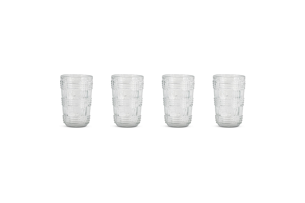 The nkuku Kaanch Highball set includes four identical clear glasses with a textured geometric pattern, shown side by side on a white background.