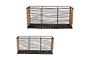 The Montali Iron & Rattan Storage Baskets by nkuku feature a black metal grid design with natural rattan accents at the corners. Shown against a white background, the set includes one large basket above and a smaller one below.