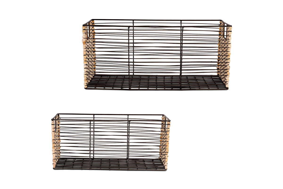 The Montali Iron & Rattan Storage Baskets by nkuku feature a black metal grid design with natural rattan accents at the corners. Shown against a white background, the set includes one large basket above and a smaller one below.