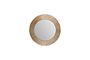 The Putali Etched Mirror by nkuku features a wide, textured antique brass frame with fine radiating lines. Its round design and decorative details make it a striking centerpiece on any plain white wall.