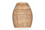 The Shawa Rattan Lampshade - Natural by nkuku features a handwoven, light brown design with a wide round shape and narrow top. Its open weave creates a semi-transparent effect, beautifully displayed against a plain white background.