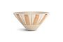 The nkuku Patthar Serving Bowl - Cream & Clay - Medium is a cream-colored, cone-shaped ceramic bowl with hand-painted vertical clay stripes and dotted lines, evenly spaced around its exterior. Styled against a plain white background.