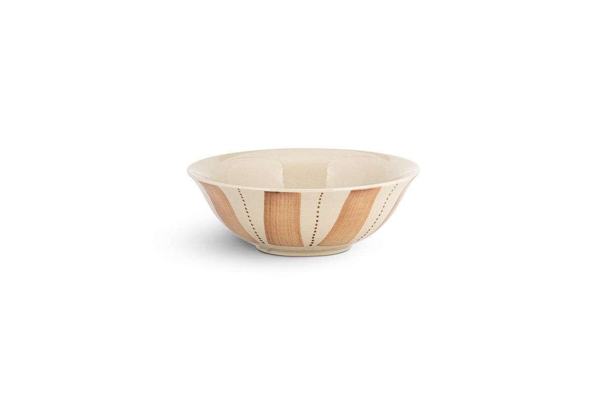 The nkuku Patthar Cereal Bowl in Cream & Clay features a cream base with vertical tan stripes bordered by dotted lines, showcasing a simple, handcrafted design—an elegant addition to any dinnerware collection.