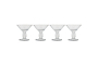 The nkuku Sooraj Champagne Coupe set includes four clear glasses with vintage charm, featuring wide, shallow bowls, short stems, and sturdy round bases. They’re arranged in a row against a plain white background.