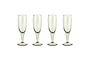 The nkuku Yala Hammered Champagne Glasses (Set of 4) in sage green feature textured, hammered glass and are shown side by side on a white background.