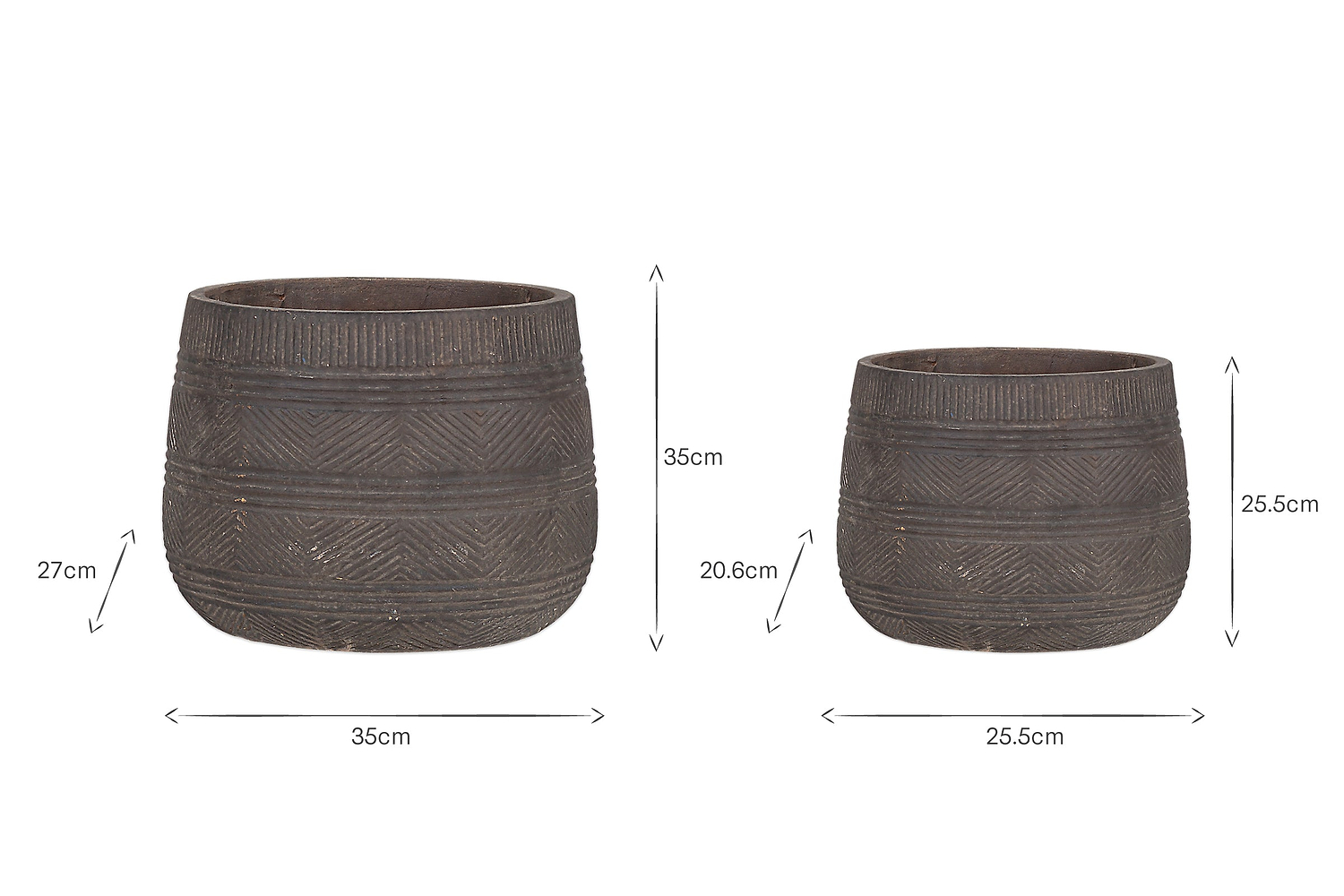 The nkuku Zadie Etched Ceramic Planters (Set of 2) in grey feature horizontal bands and geometric patterns. The left, larger pot measures 35cm wide by 27cm high—stylish holders ideal for outdoor planting displays.