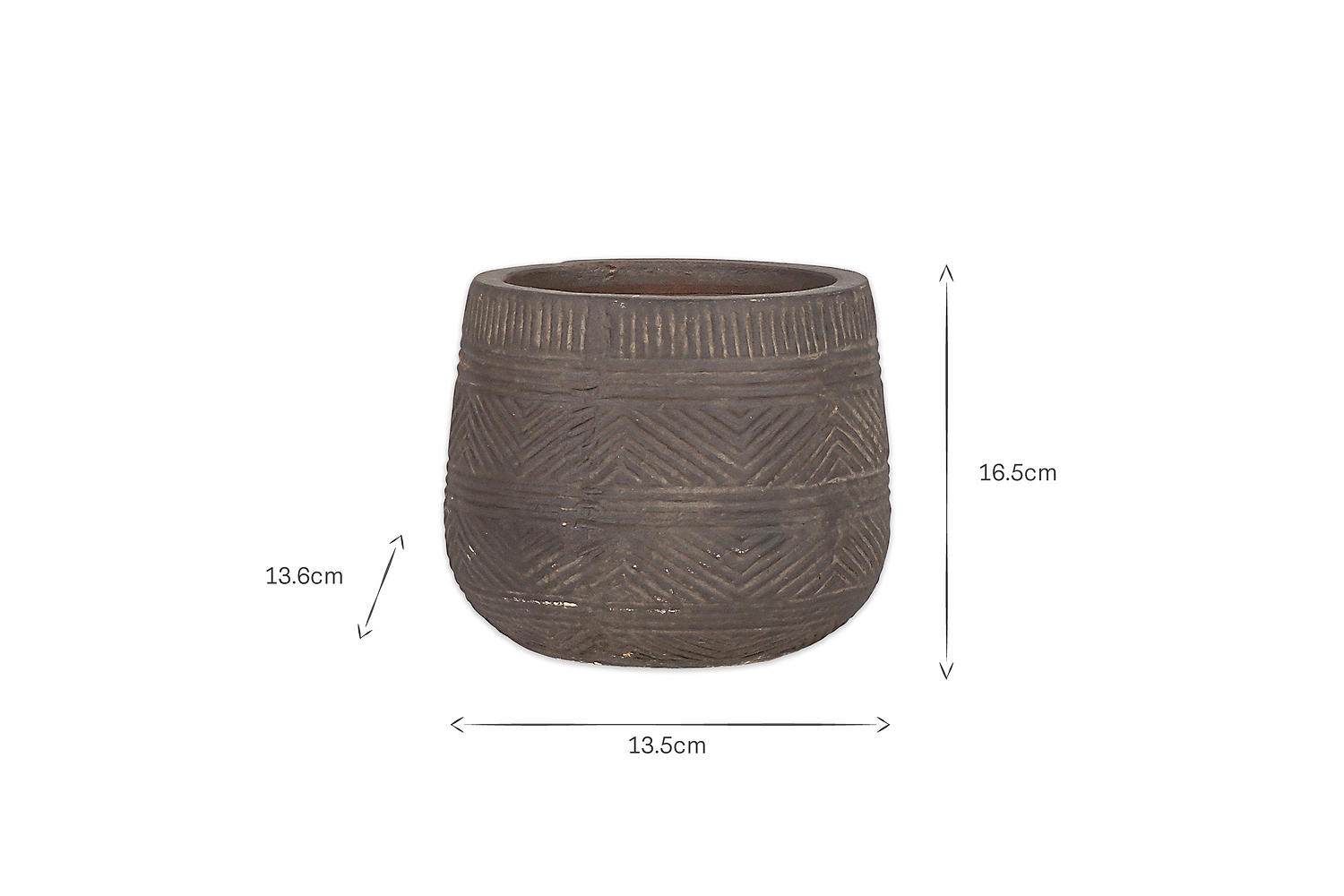 The nkuku Zadie Etched Ceramic Planter - Grey - Small features geometric carvings and a rounded shape. Against a white background, arrows show it’s 16.5 cm tall, 13.5 cm wide at the base, and 13.6 cm across the opening.