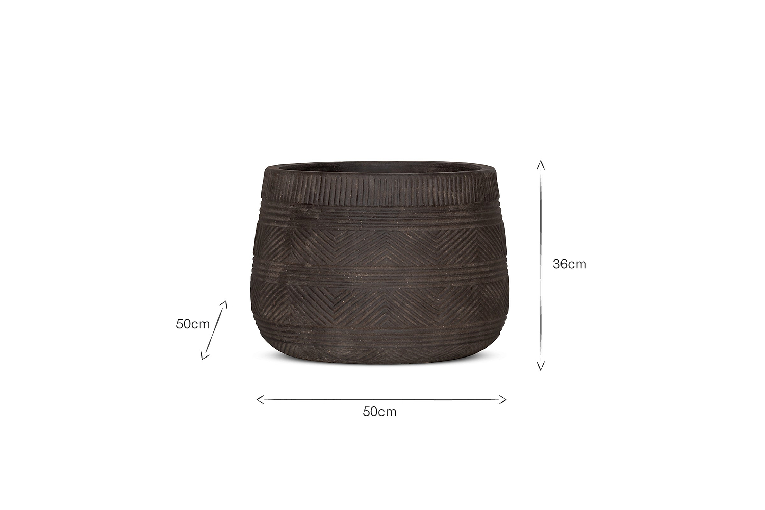 The nkuku Zadie Terracotta Planter in Grey (Large) features a round, dark textured design with horizontal and diagonal patterns, measuring 50 cm diameter x 39 cm height. The planter is centered on a white background with labeled dimension arrows.