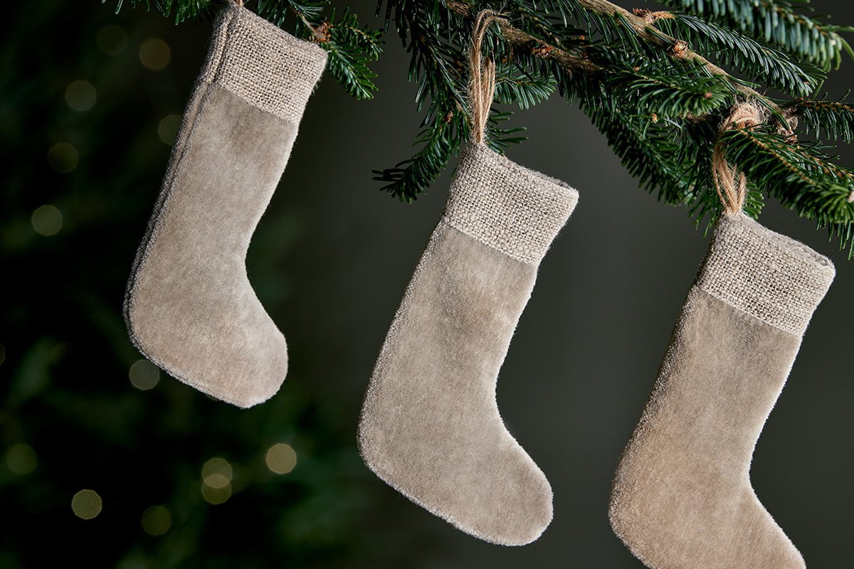 nkuku CHRISTMAS DECORATIONS Karru Cotton Velvet Mini Stocking - Light Grey - (Set of 3)